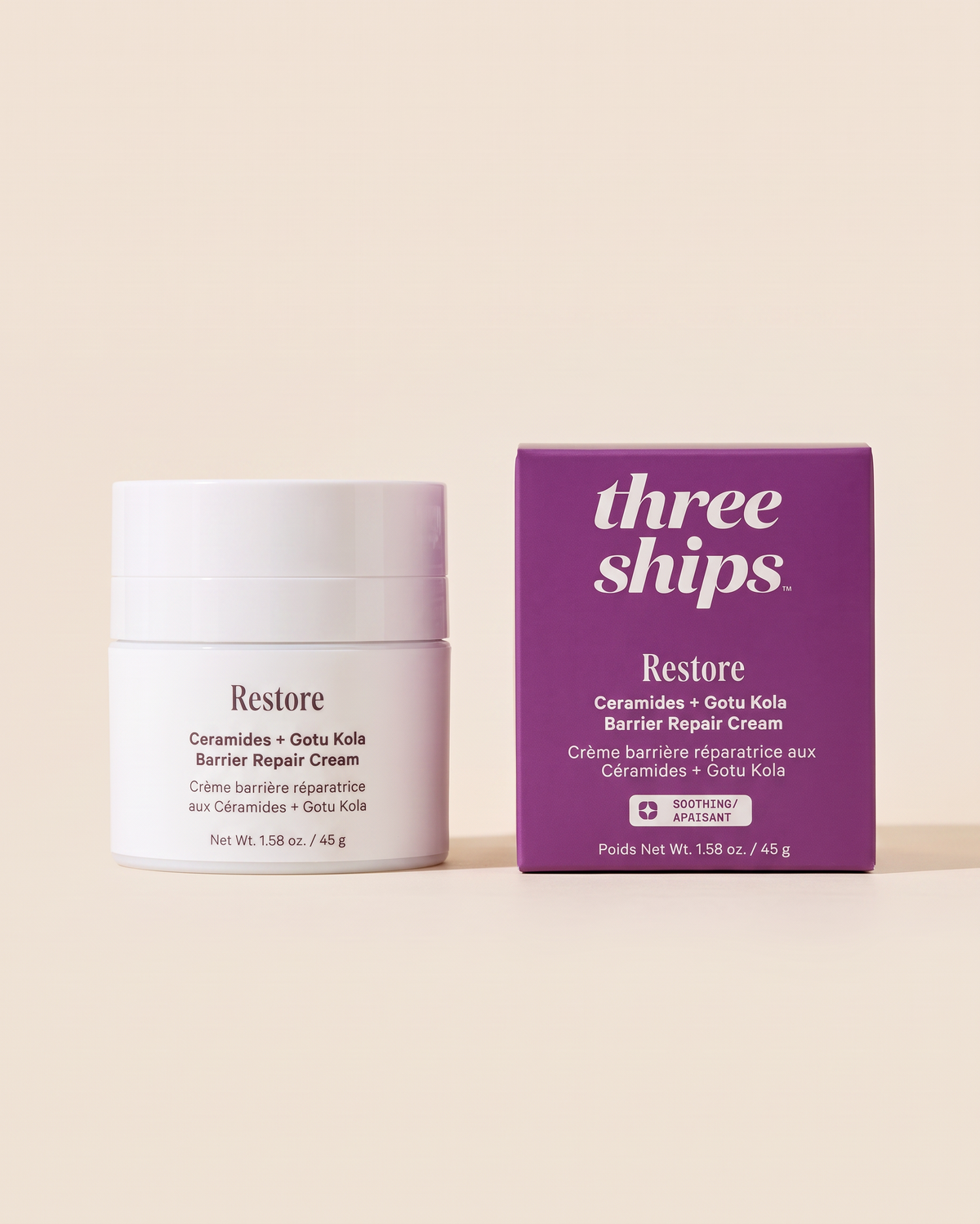 Crème barrière réparatrice aux céramiques + goûtu kola Restore de Three Ships