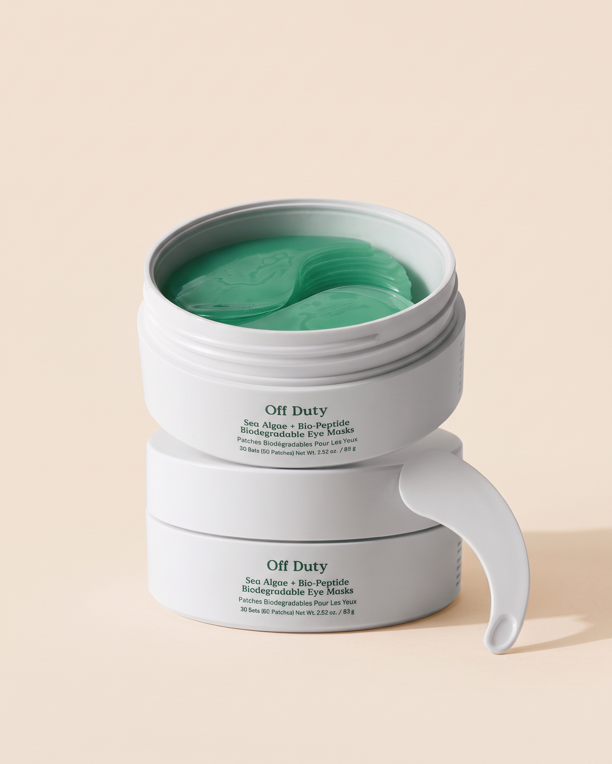 Masques pour les yeux biodégradables aux bio-peptides et aux algues marines OFF DUTY de Three Ships. 
