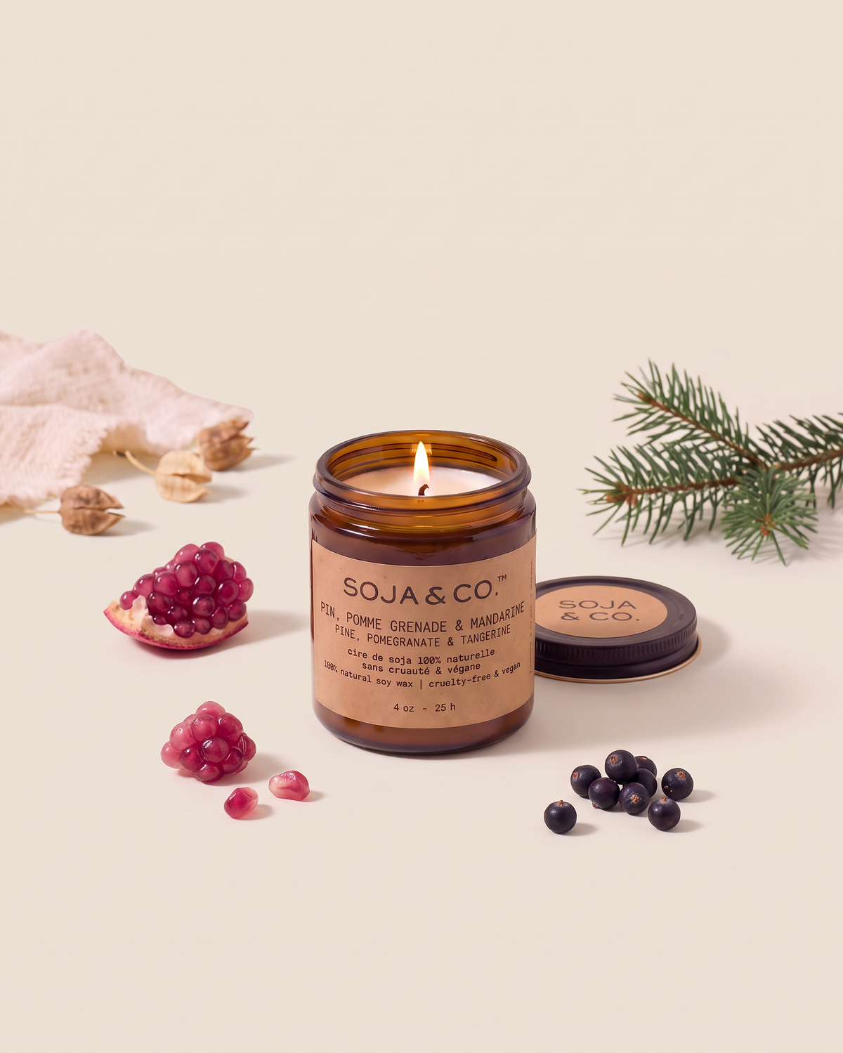 Bougie de soya Pin, Pomme Grenade, Mandarine Soja&Co Pine, Pomegranate, Tangerine Soy Wax Candle