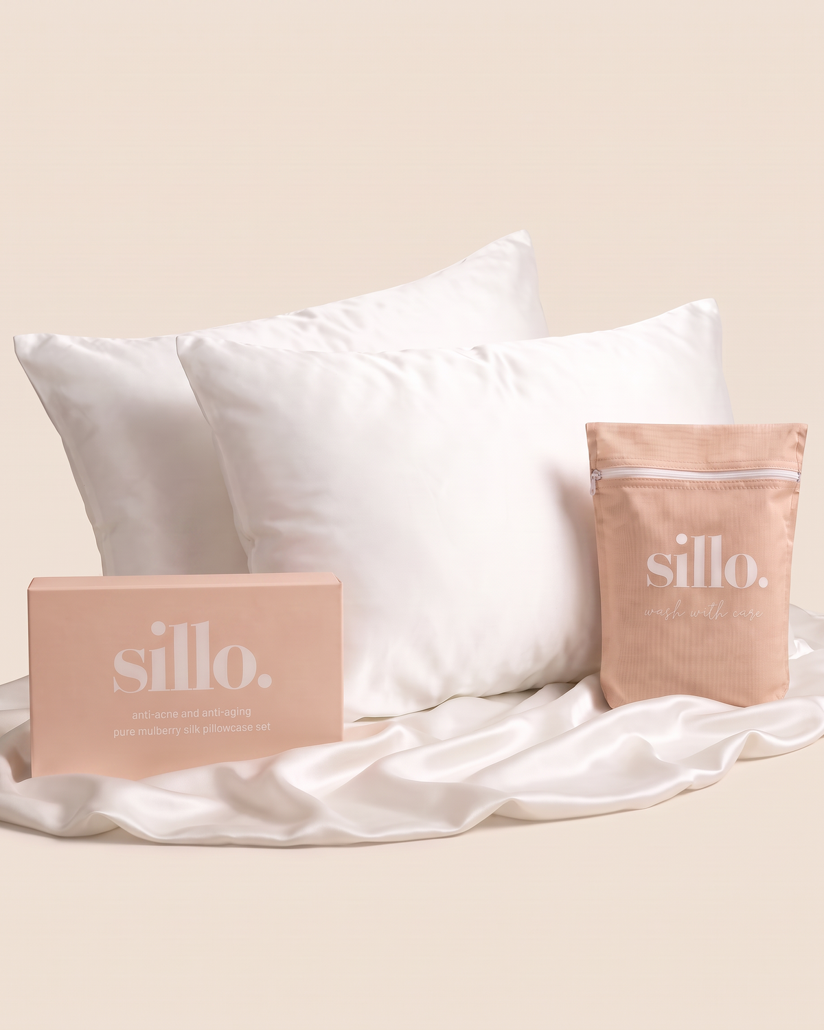 Taies d'oreiller blanc ivoire en soie de mûrier Sillo 22 momme pure mulberry silk pillowcases for skin and hair