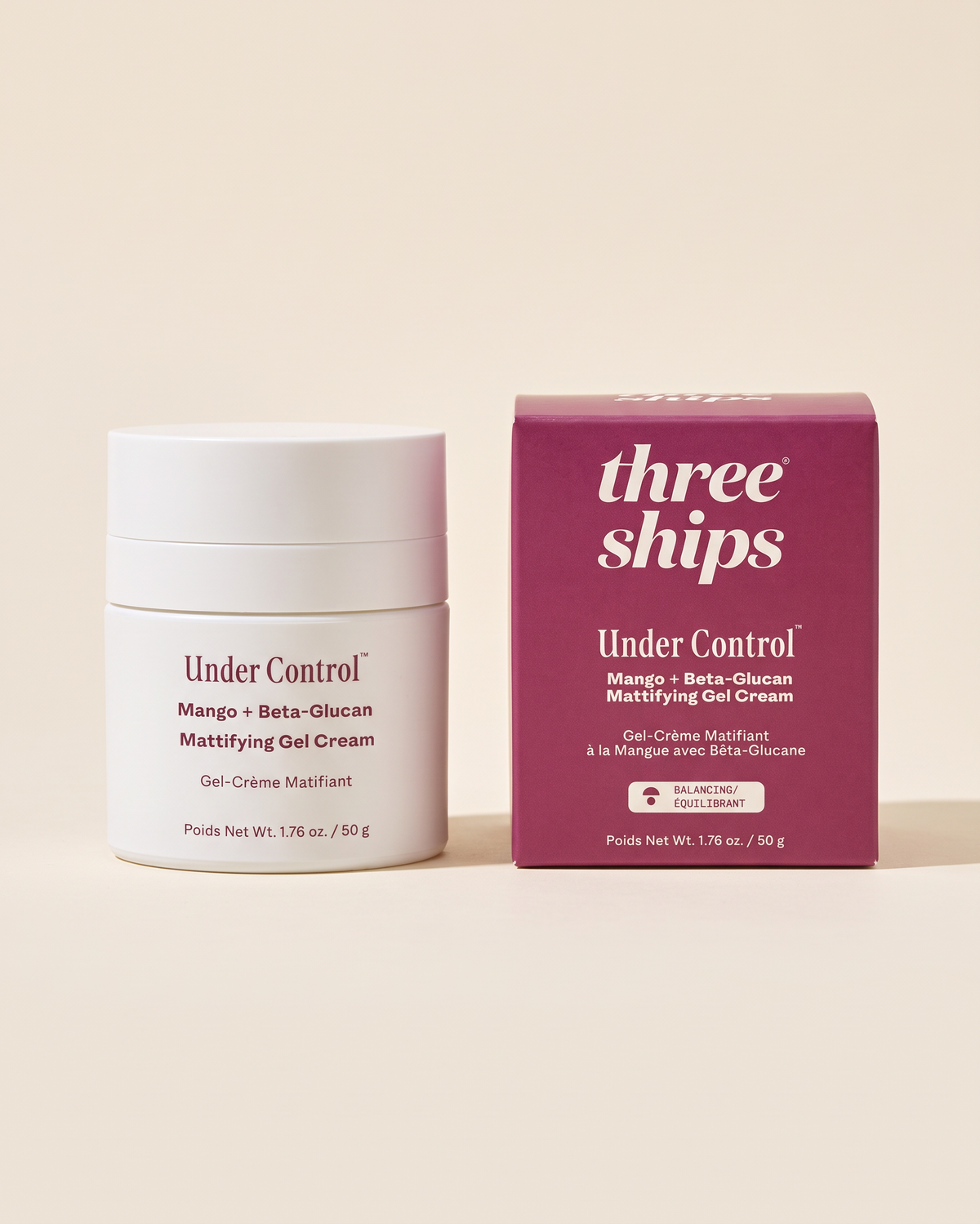 Gel-crème matifiant Under Control de Three Ships à la mangue et au bêta-glucane, hydratant visage pour peau grasse